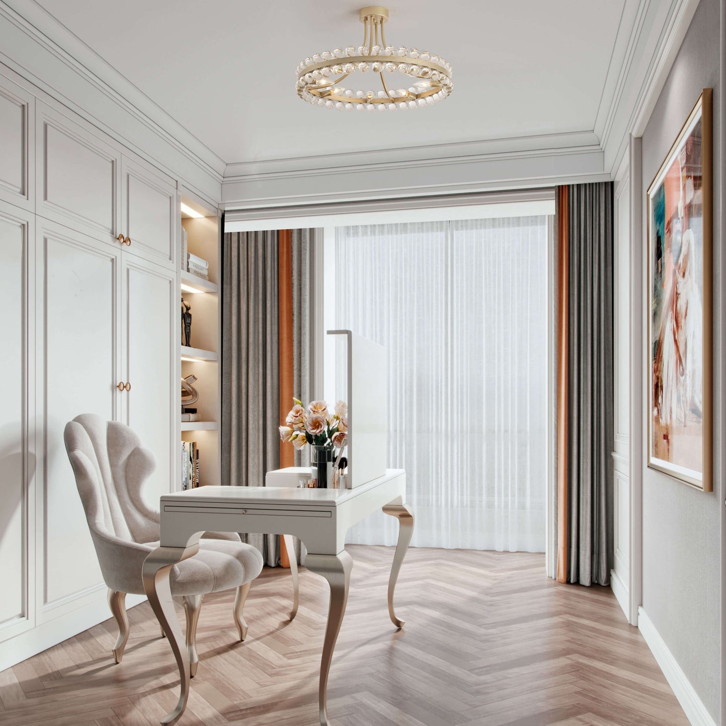 Plafonnier semi-encastré Elvira à 8 lumières en cristal, forme roue de chariot