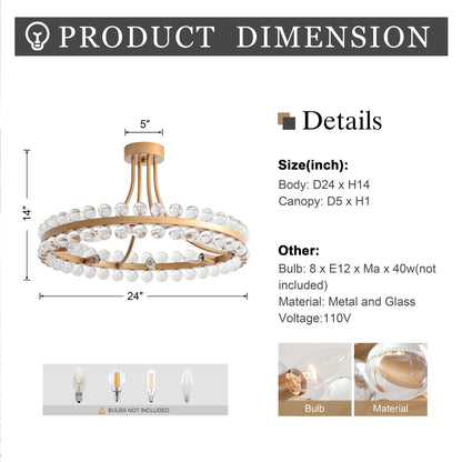 Plafonnier semi-encastré Elvira à 8 lumières en cristal, forme roue de chariot