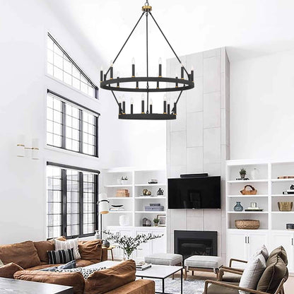 Lustre rond en forme de roue de chariot de style ferme moderne Acroma à 20 lumières de 40 po avec certification UL