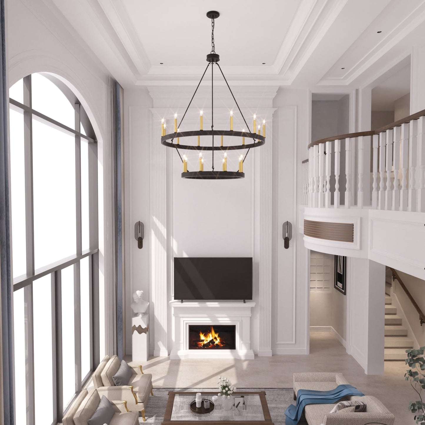 Lustre rond en forme de roue de chariot de style ferme moderne Acroma à 20 lumières de 40 po avec certification UL