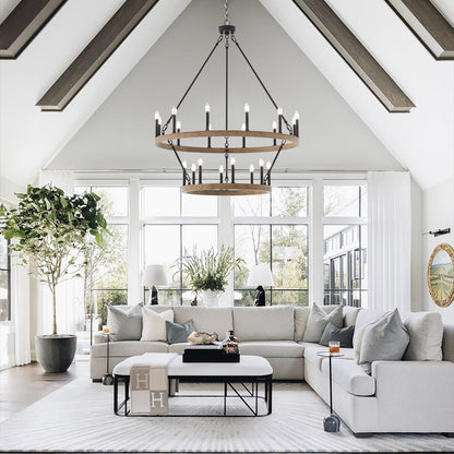 Lustre rond en forme de roue de chariot de style ferme moderne Acroma à 20 lumières de 40 po avec certification UL