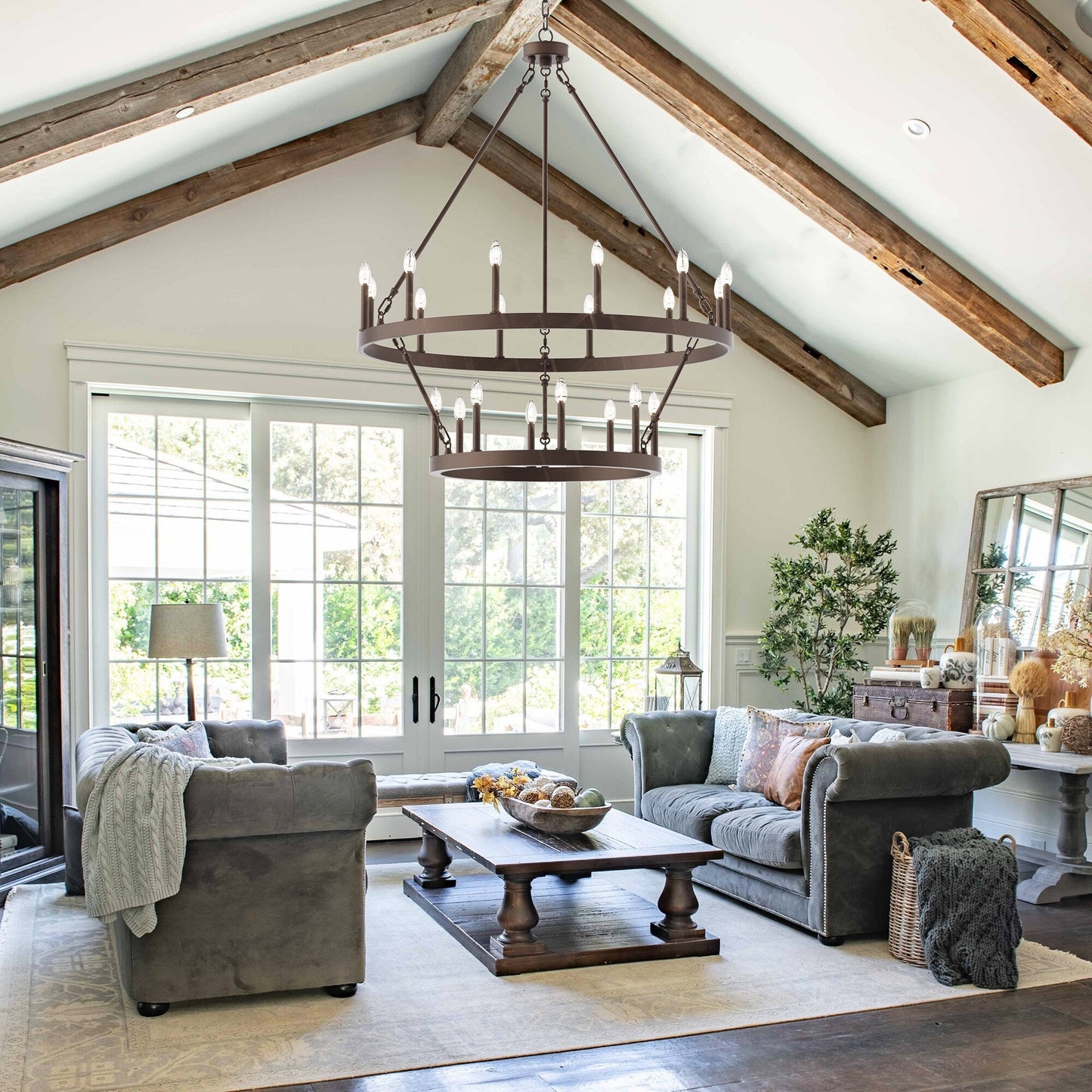 Lustre rond en forme de roue de chariot de style ferme moderne Acroma à 20 lumières de 40 po avec certification UL