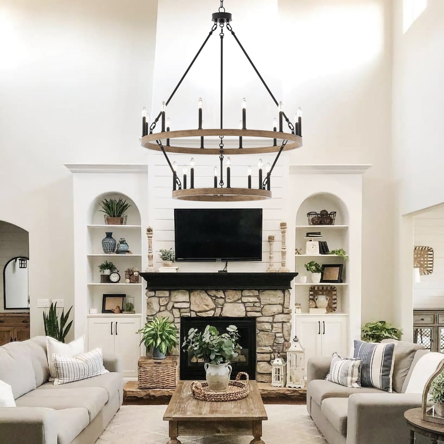 Lustre rond en forme de roue de chariot de style ferme moderne Acroma à 20 lumières de 40 po avec certification UL