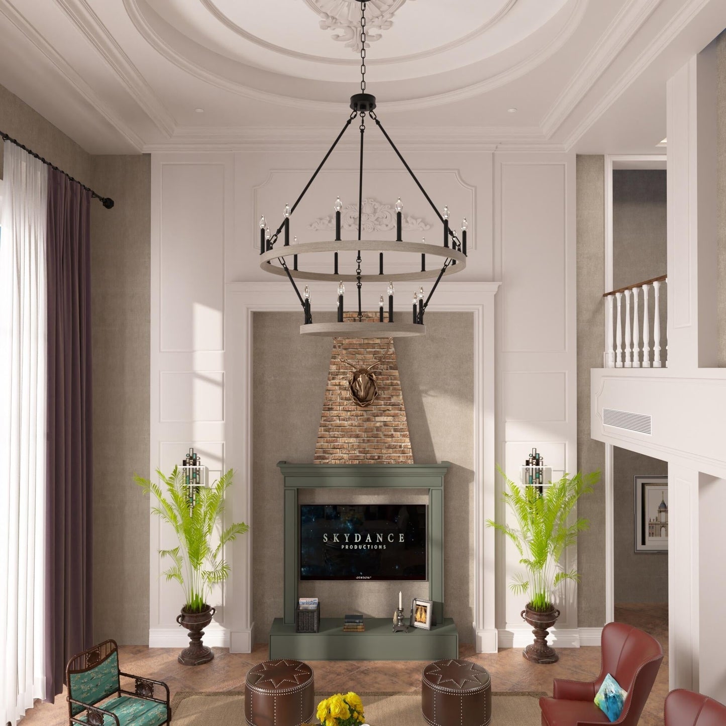 Lustre rond en forme de roue de chariot de style ferme moderne Acroma à 20 lumières de 40 po avec certification UL