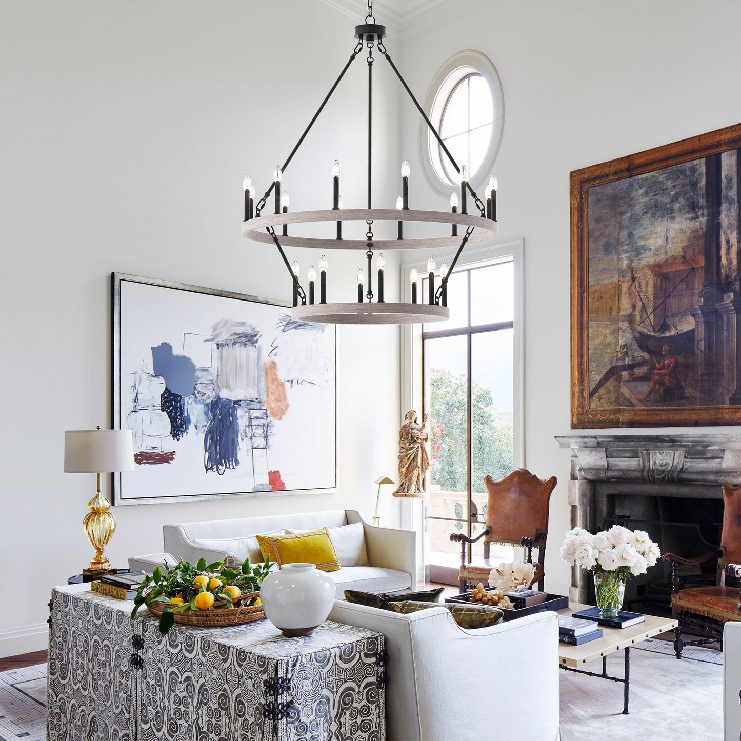 Lustre rond en forme de roue de chariot de style ferme moderne Acroma à 20 lumières de 40 po avec certification UL