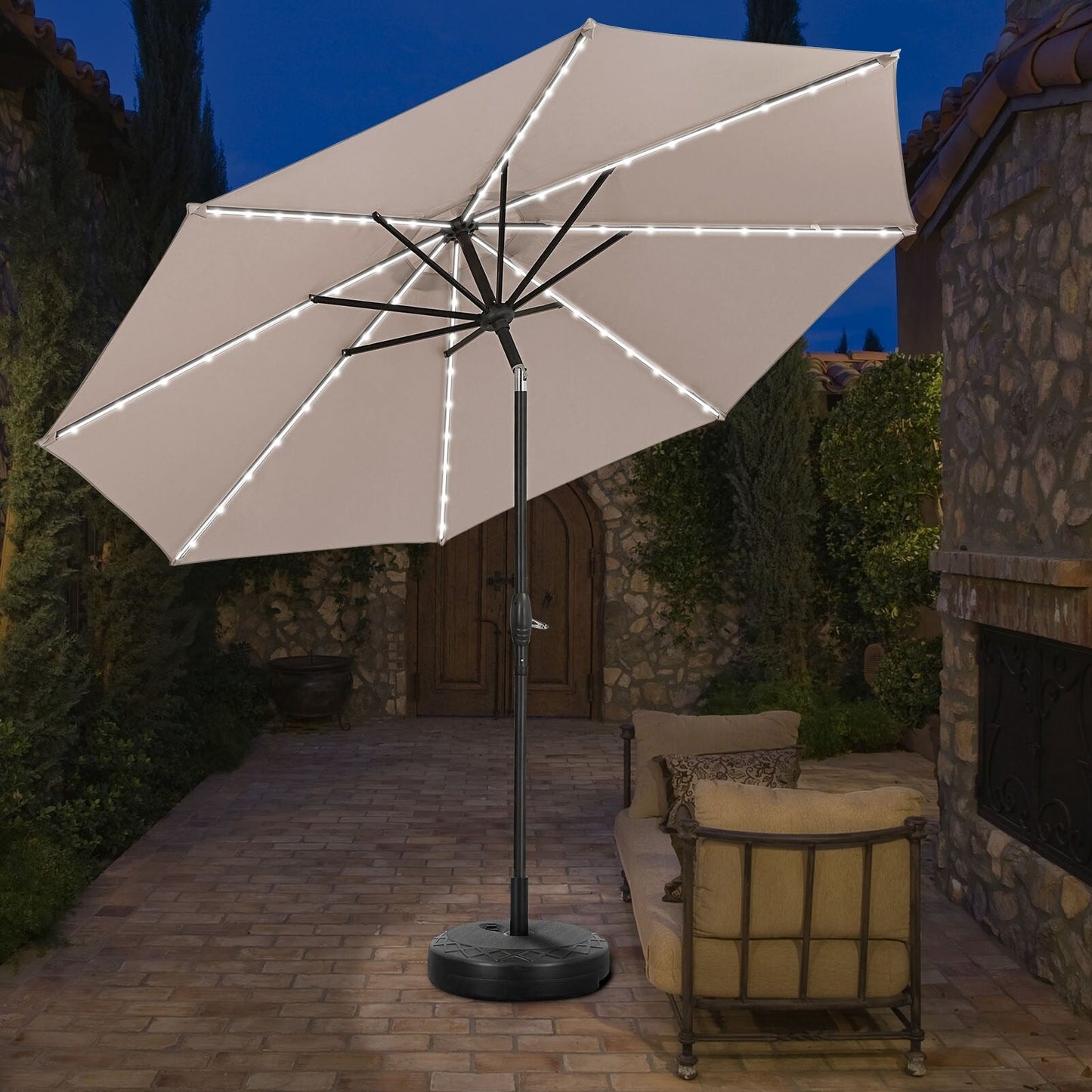 Parasol de terrasse Ainfox de 10 pieds avec lumières, parasol solaire d'extérieur sans base