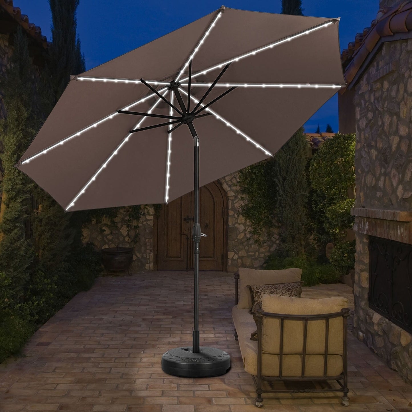 Parasol de terrasse Ainfox de 10 pieds avec lumières, parasol solaire d'extérieur sans base