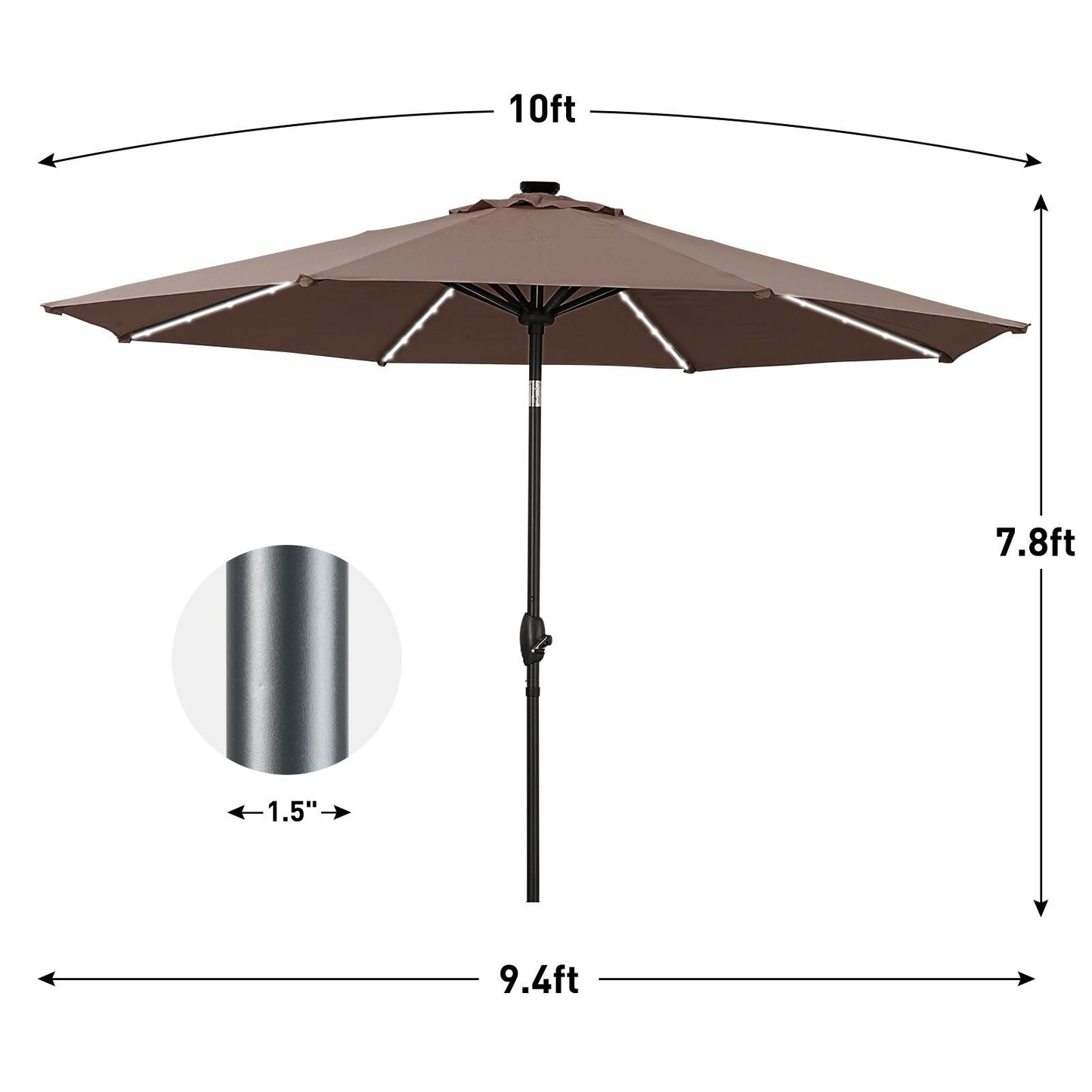 Parasol de terrasse Ainfox de 10 pieds avec lumières, parasol solaire d'extérieur sans base
