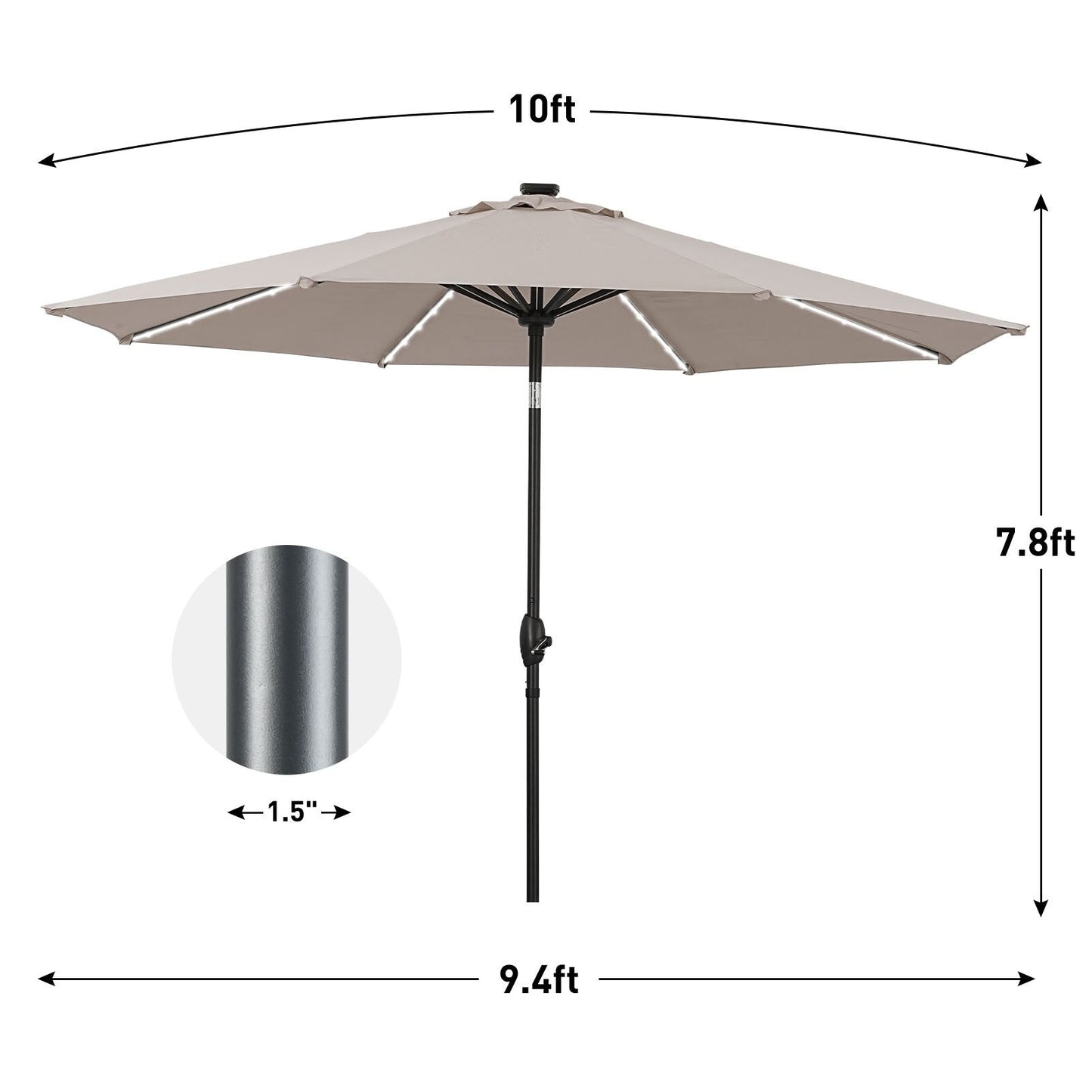 Parasol de terrasse Ainfox de 10 pieds avec lumières, parasol solaire d'extérieur sans base