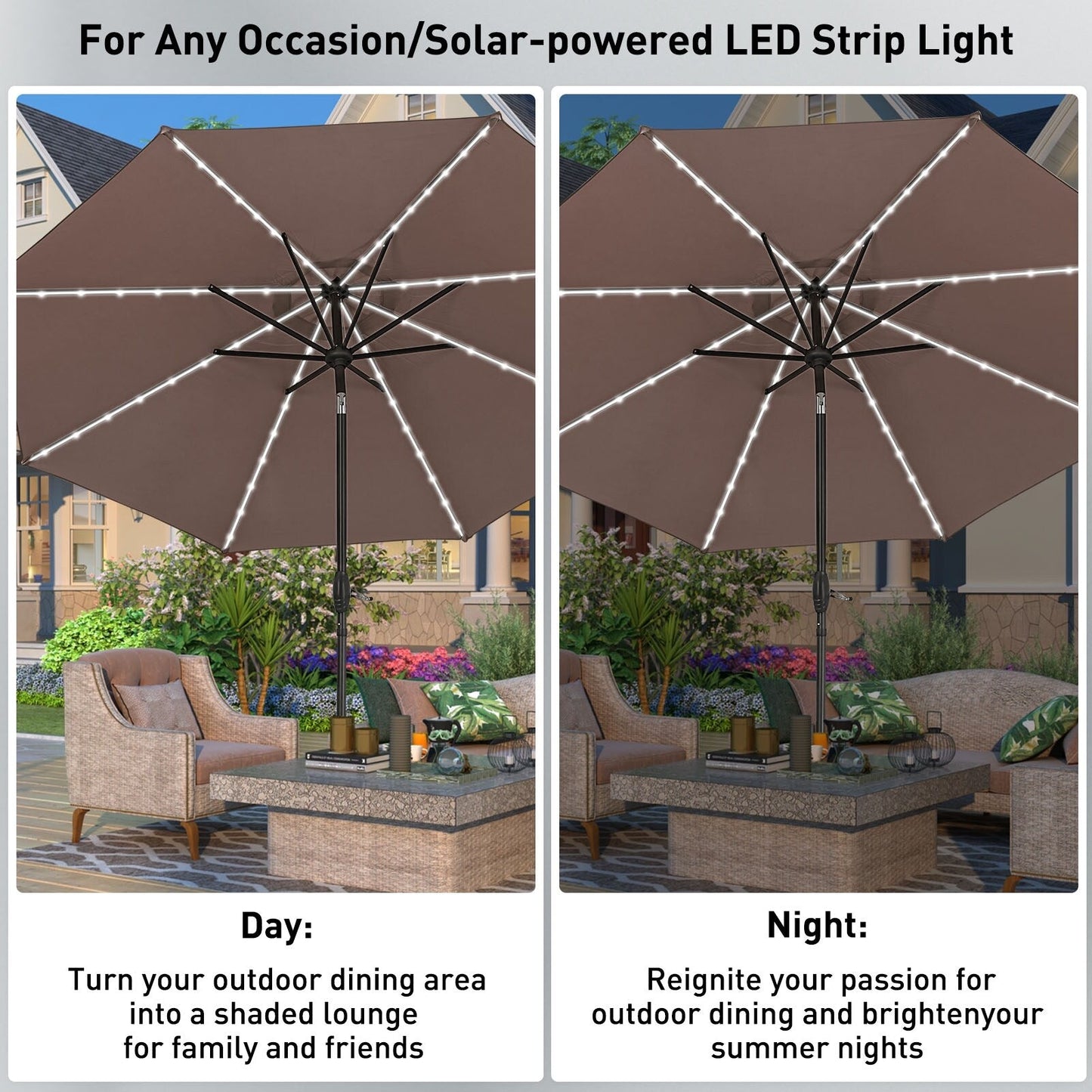 Parasol de terrasse Ainfox de 10 pieds avec lumières, parasol solaire d'extérieur sans base