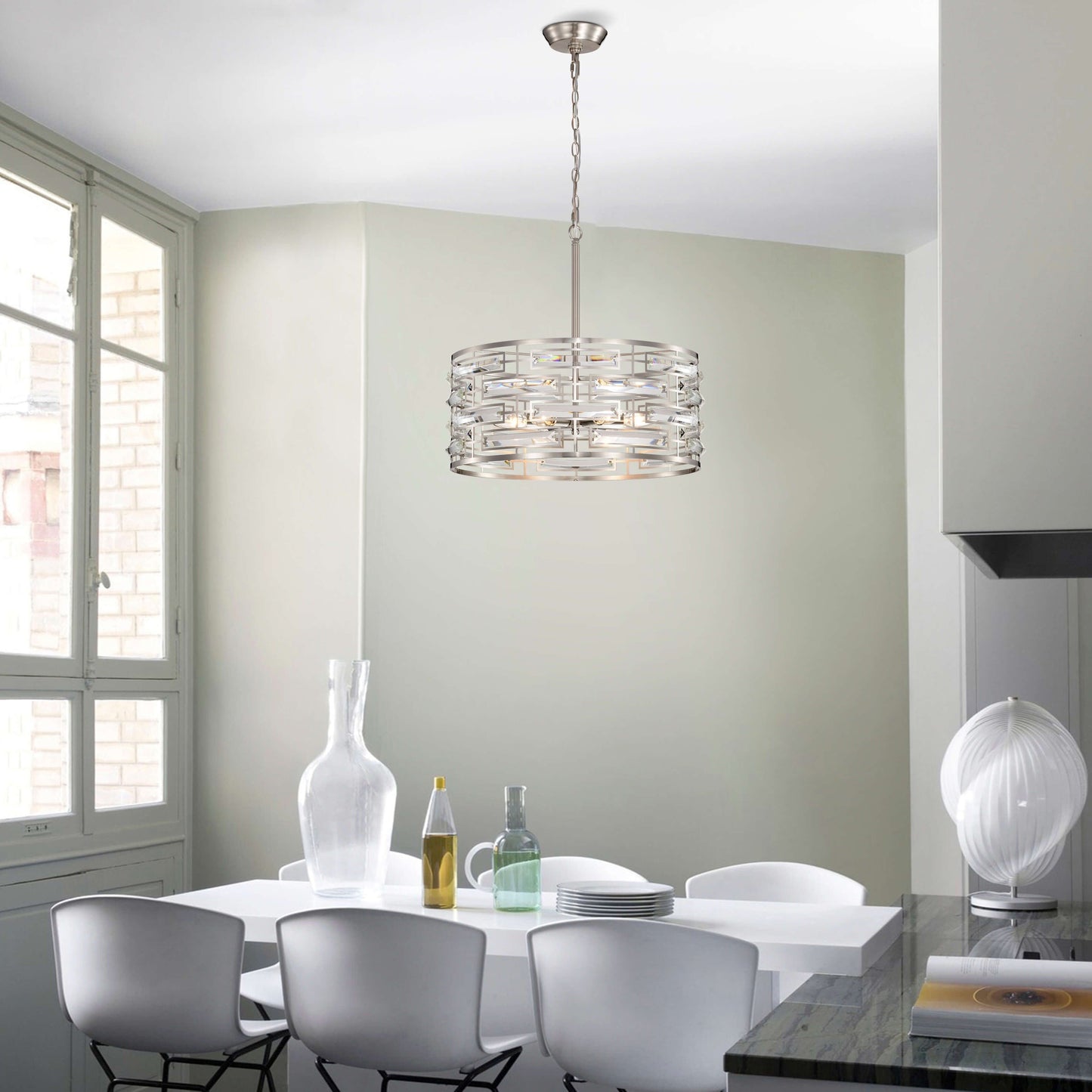 Lustre tambour Anita avec prisme en verre transparent