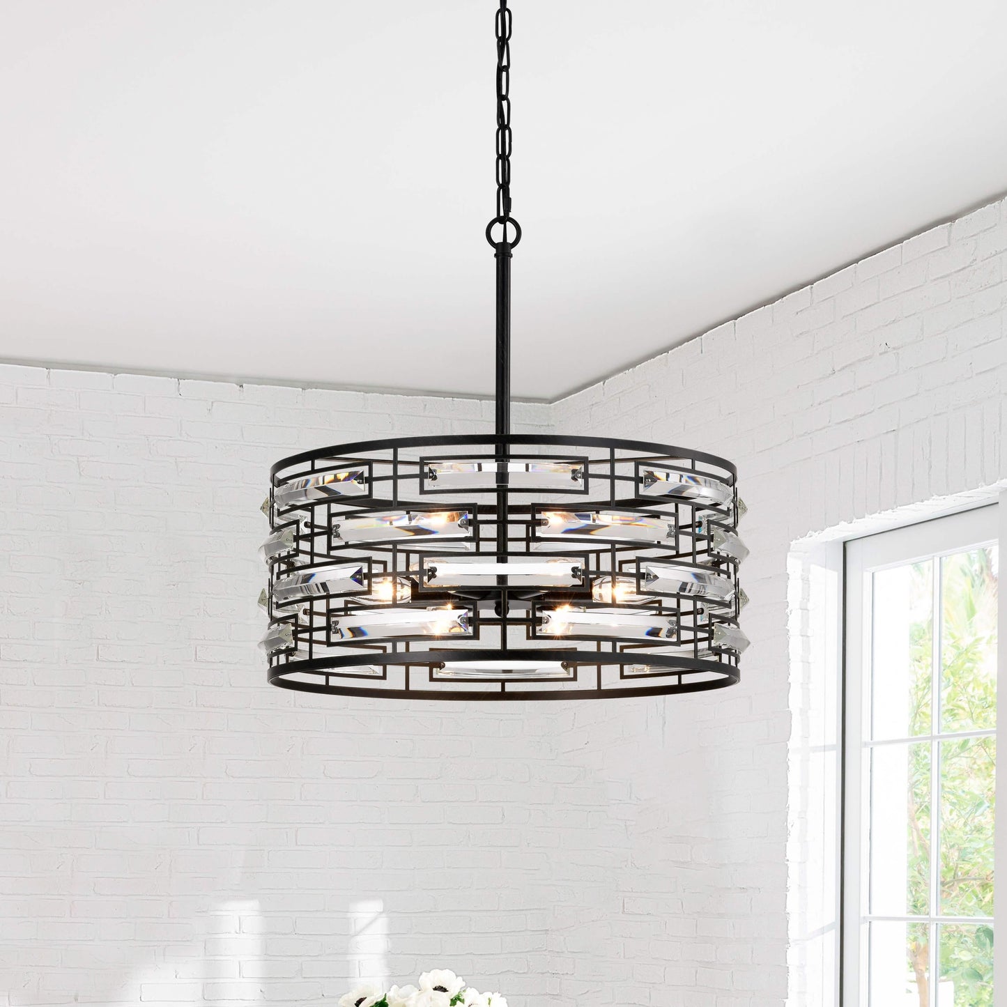 Lustre tambour Anita avec prisme en verre transparent