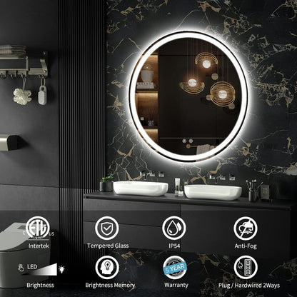 Miroir de courtoisie rond sans cadre, antibuée, éclairé par LED et à intensité variable