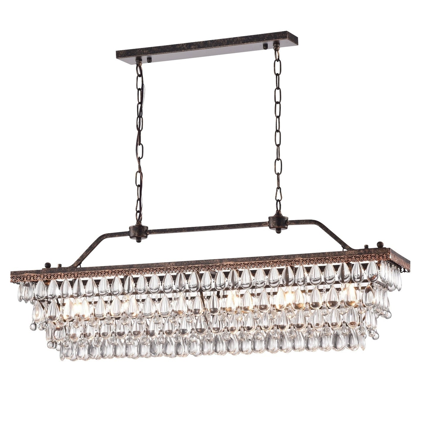 Luminaire rectangulaire en bronze antique à 6 lumières pour îlot de cuisine avec suspension en cristal - Bronze antique