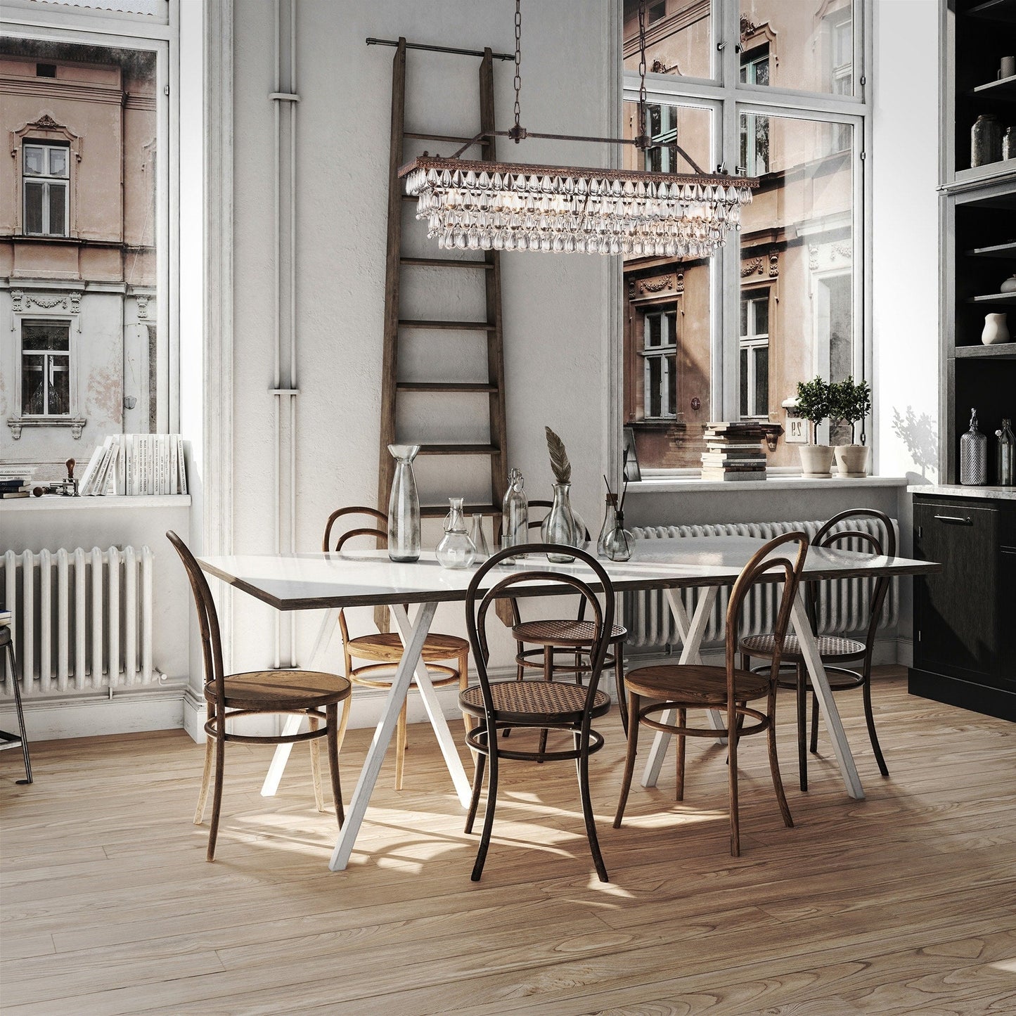 Luminaire rectangulaire en bronze antique à 6 lumières pour îlot de cuisine avec suspension en cristal - Bronze antique