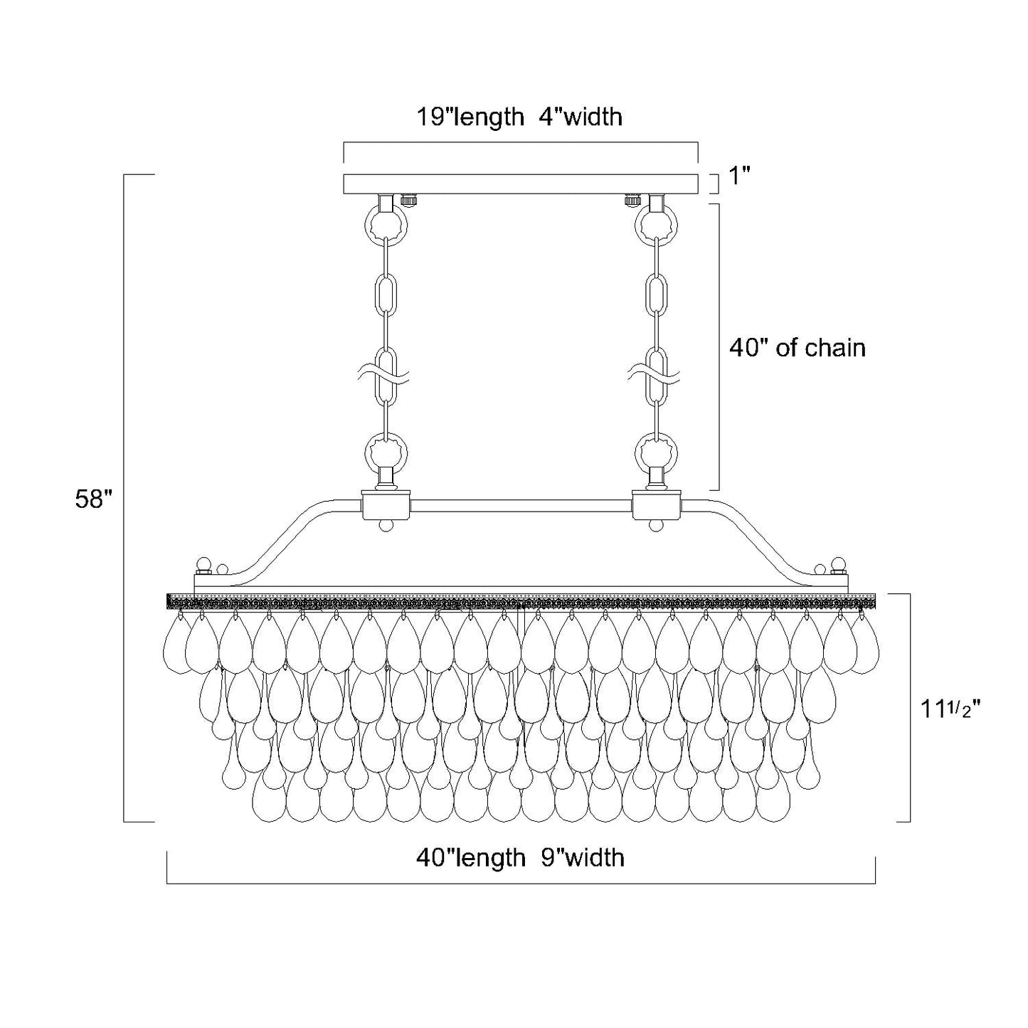Luminaire rectangulaire en bronze antique à 6 lumières pour îlot de cuisine avec suspension en cristal - Bronze antique