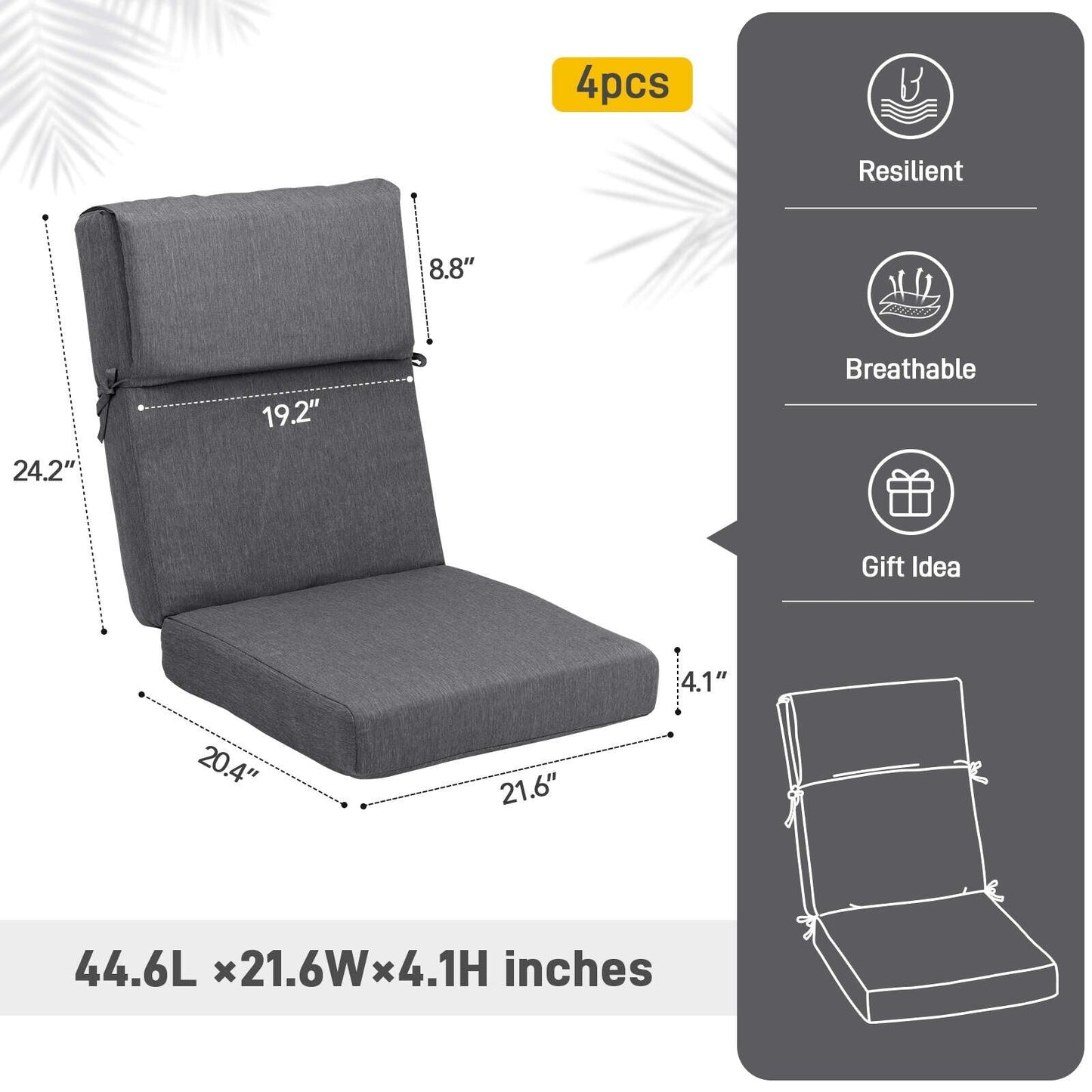 Lot de 4 coussins de chaise à dossier haut Aoodor Patio, 117 x 53 x 10 cm (coussins uniquement)