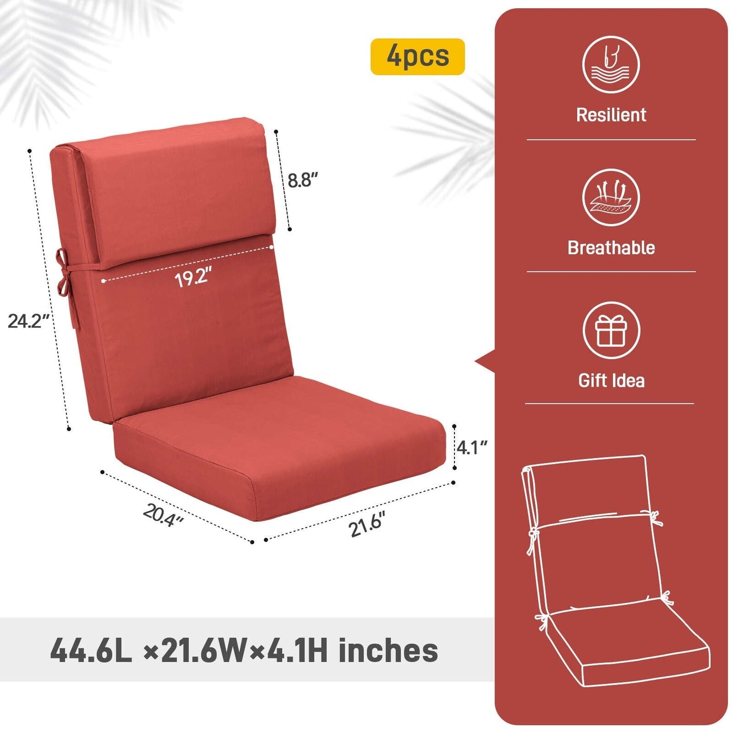 Lot de 4 coussins de chaise à dossier haut Aoodor Patio, 117 x 53 x 10 cm (coussins uniquement)