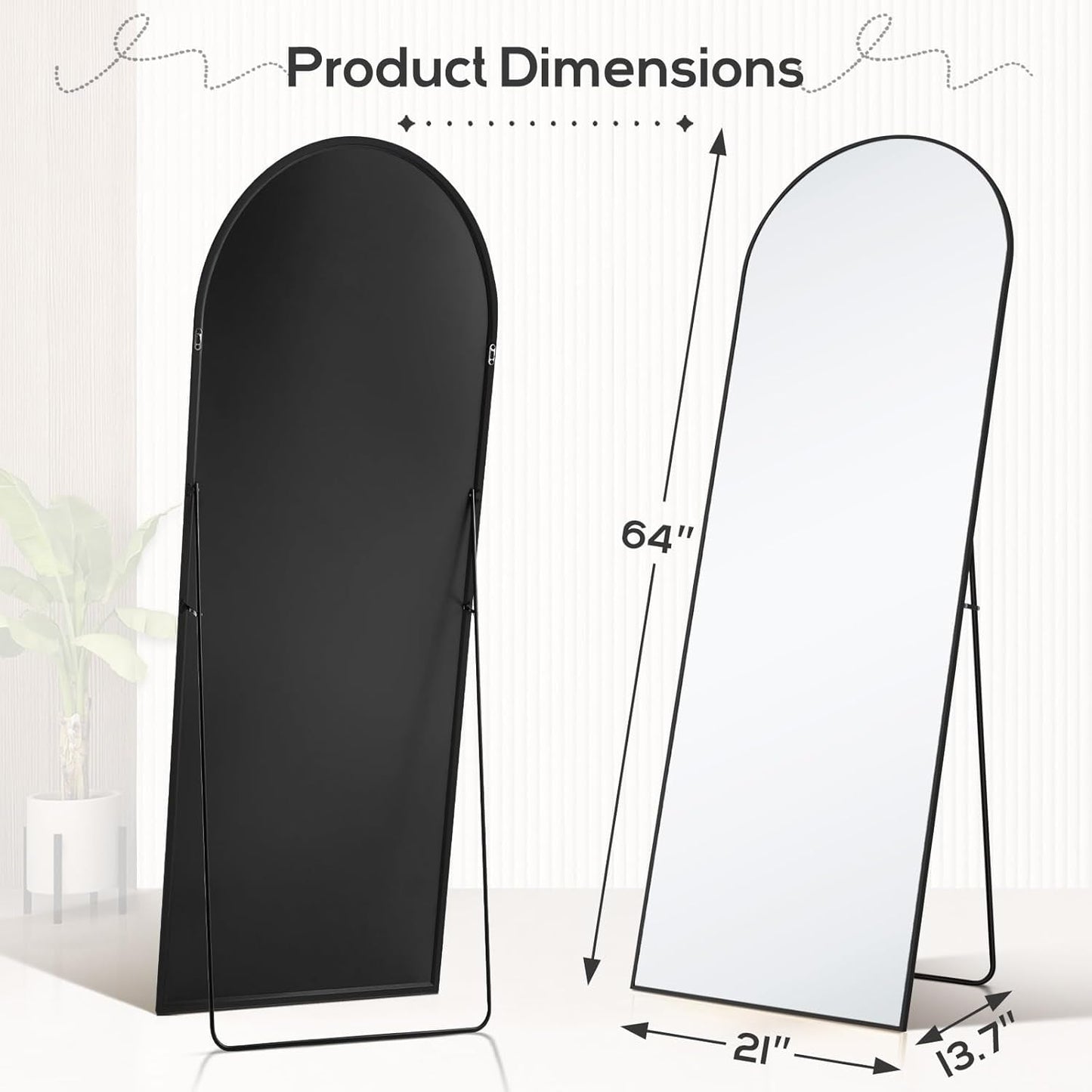 Miroir arqué pleine longueur, 21 x 64, miroir mural en verre incassable, grand miroir arqué haut avec support, cadre en alliage d'aluminium