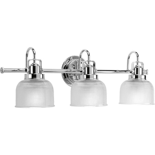 Luminaire de salle de bain côtier à trois lumières, collection Archie, en chrome poli, verre prismatique transparent double - 8,75 x 26,25 x 7,25
