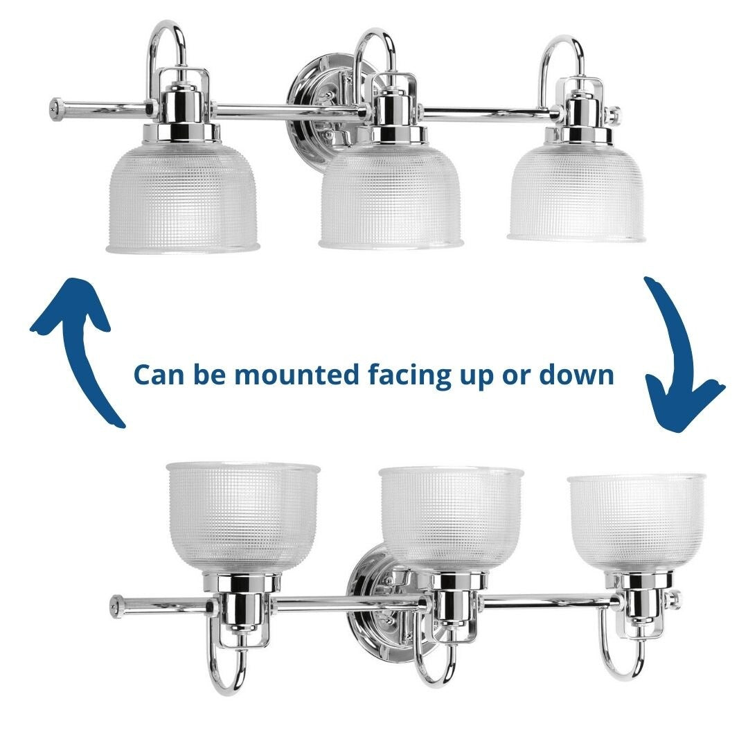 Luminaire de salle de bain côtier à trois lumières, collection Archie, en chrome poli, verre prismatique transparent double - 8,75 x 26,25 x 7,25