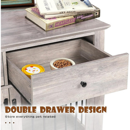 Cage pour chien Bossin de 111 cm de large, table d'appoint en bois avec tiroirs de rangement, niche décorative pour animaux de compagnie.