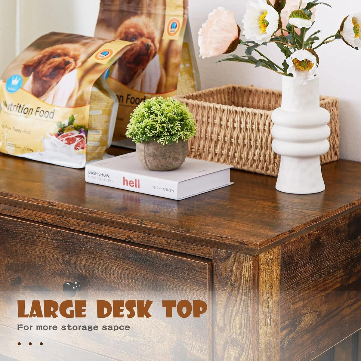 Cage pour chien Bossin de 111 cm de large, table d'appoint en bois avec tiroirs de rangement, niche décorative pour animaux de compagnie.