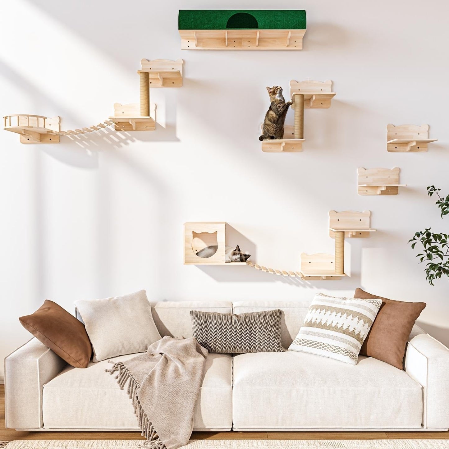 Système d'escalade mural pour chat BOSSIN 9/16/18 pièces en pin - Étagères murales avec panier, griffoir et tunnel