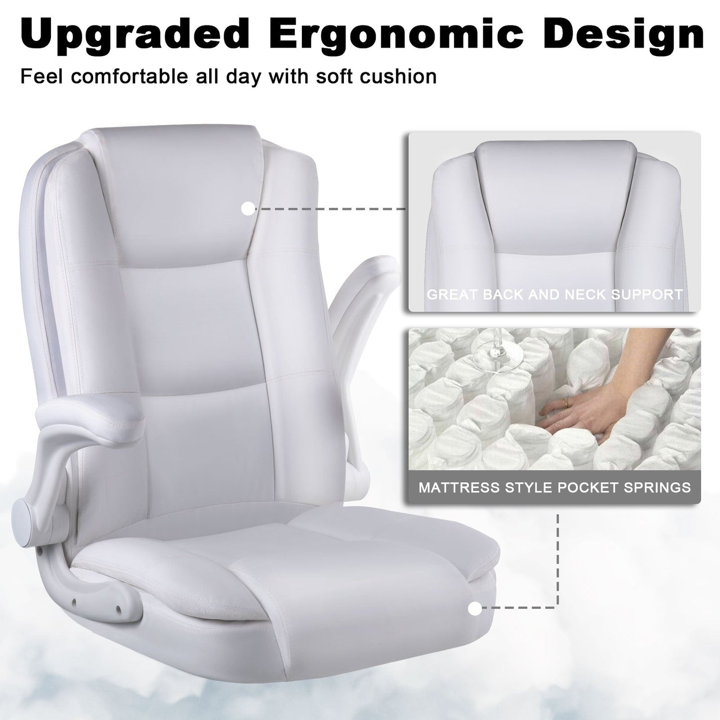 Chaise de bureau ergonomique Bossin pour grandes et grandes tailles, dossier haut, hauteur réglable, en cuir, avec accoudoirs rembourrés et rabattables