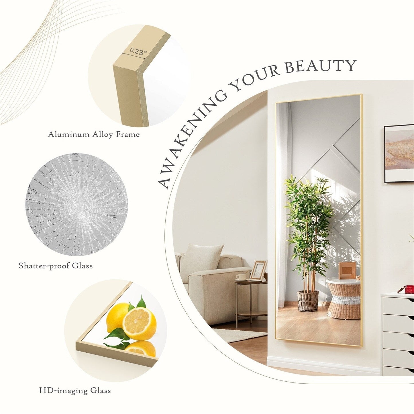 Miroir pleine longueur avec support, miroir de sol avec cadre en alliage d'aluminium pour chambre à coucher, miroir mural sur pied pour vestiaire