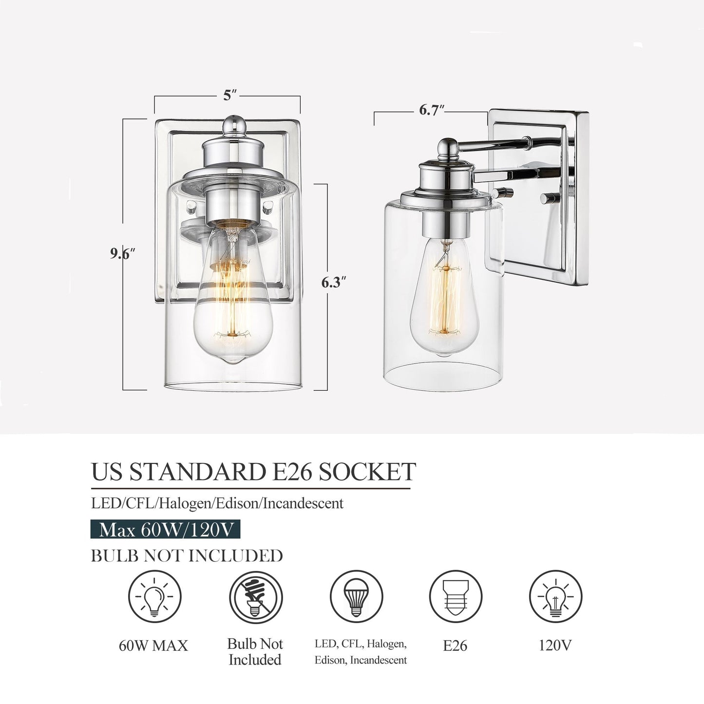 Applique murale pour salle de bain avec miroir et abat-jour en verre transparent