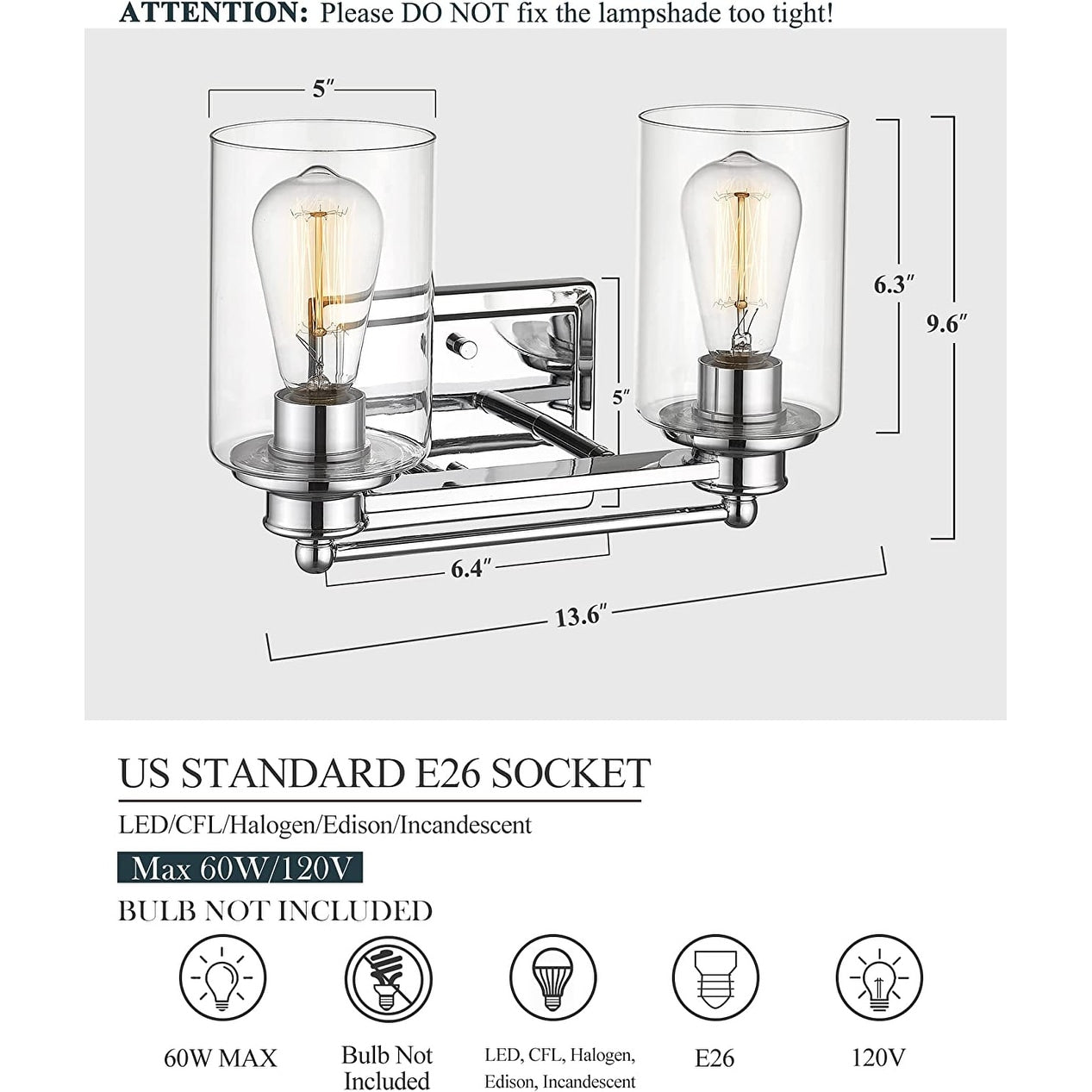 Applique murale pour salle de bain avec miroir et abat-jour en verre transparent