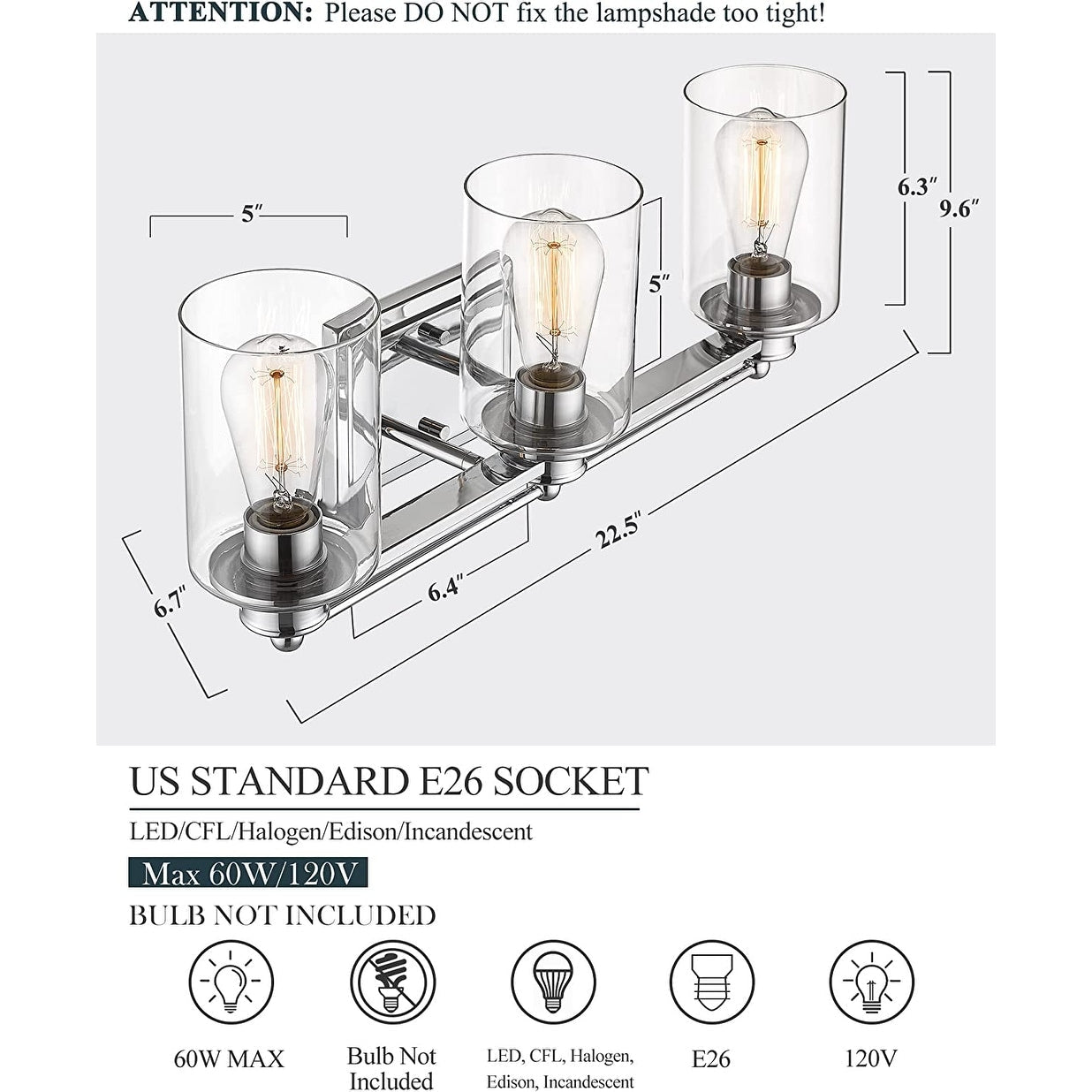 Applique murale pour salle de bain avec miroir et abat-jour en verre transparent