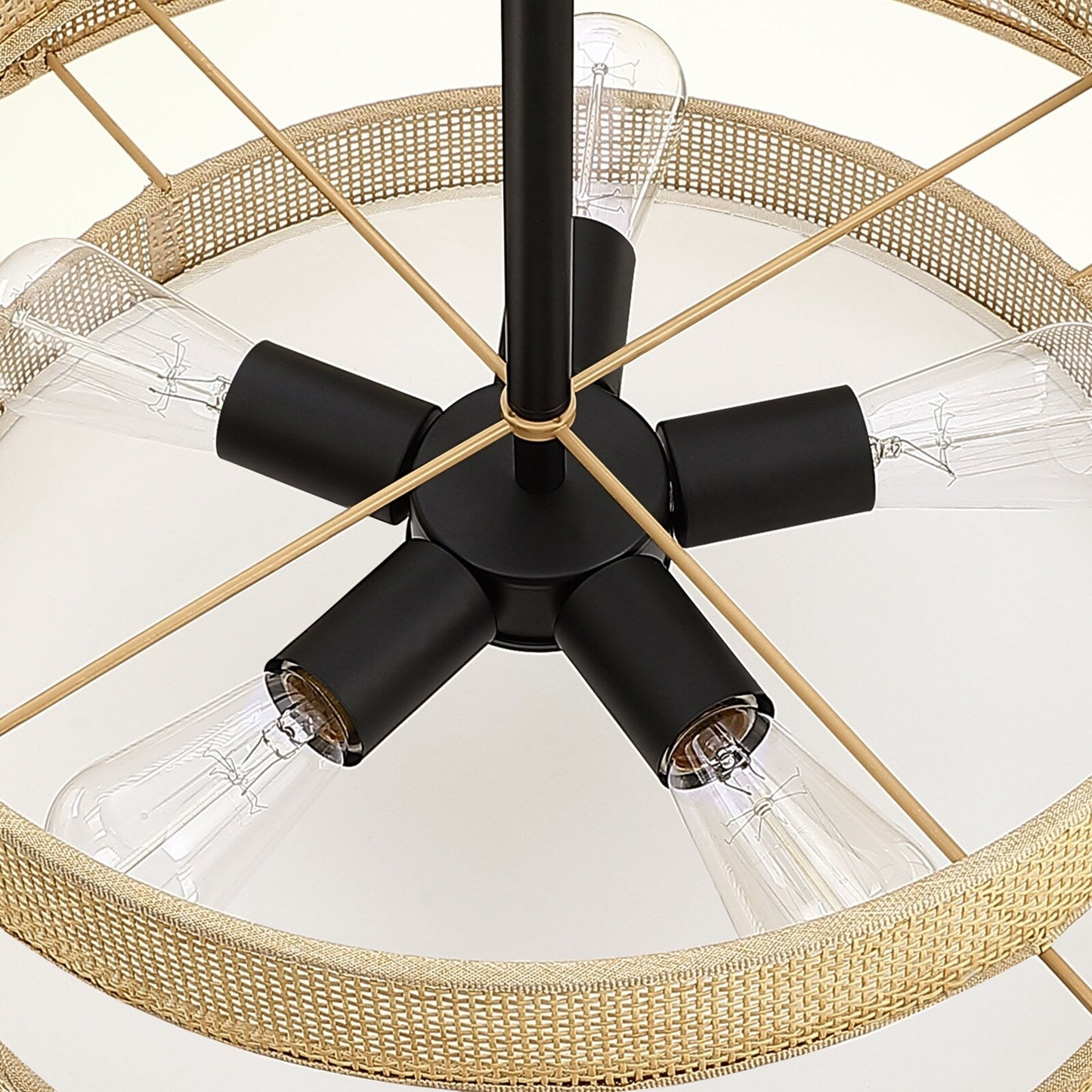 Lustre tambour côtier noir Bayou à 5 lumières avec double abat-jour en rotin - 24 po de largeur