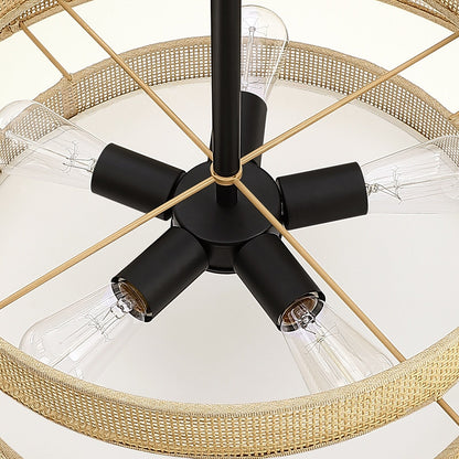 Lustre tambour côtier noir Bayou à 5 lumières avec double abat-jour en rotin - 24 po de largeur