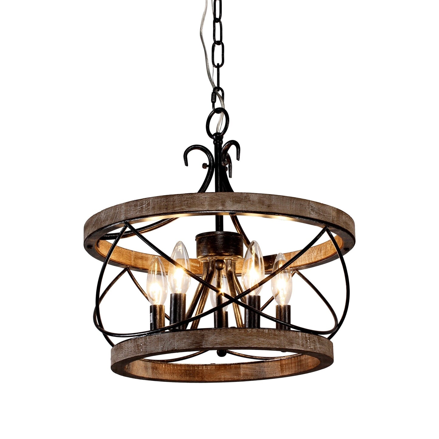 Lustre cage rustique en bois Bella Depot à 5 lumières, éclairage à intensité variable, suspension réglable de style ferme de 15,7 pouces pour îlot de cuisine
