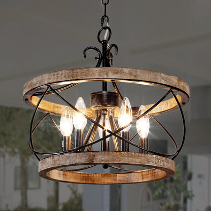 Lustre cage rustique en bois Bella Depot à 5 lumières, éclairage à intensité variable, suspension réglable de style ferme de 15,7 pouces pour îlot de cuisine
