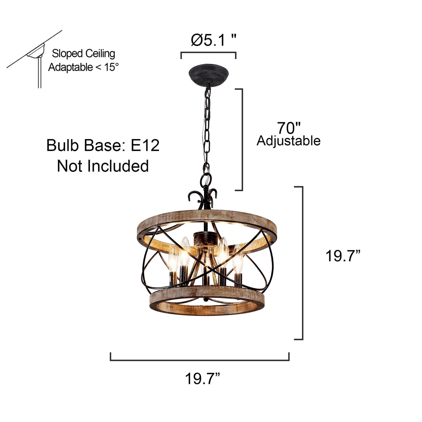 Lustre cage rustique en bois Bella Depot à 5 lumières, éclairage à intensité variable, suspension réglable de style ferme de 15,7 pouces pour îlot de cuisine