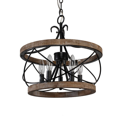 Lustre cage rustique en bois Bella Depot à 5 lumières, éclairage à intensité variable, suspension réglable de style ferme de 15,7 pouces pour îlot de cuisine