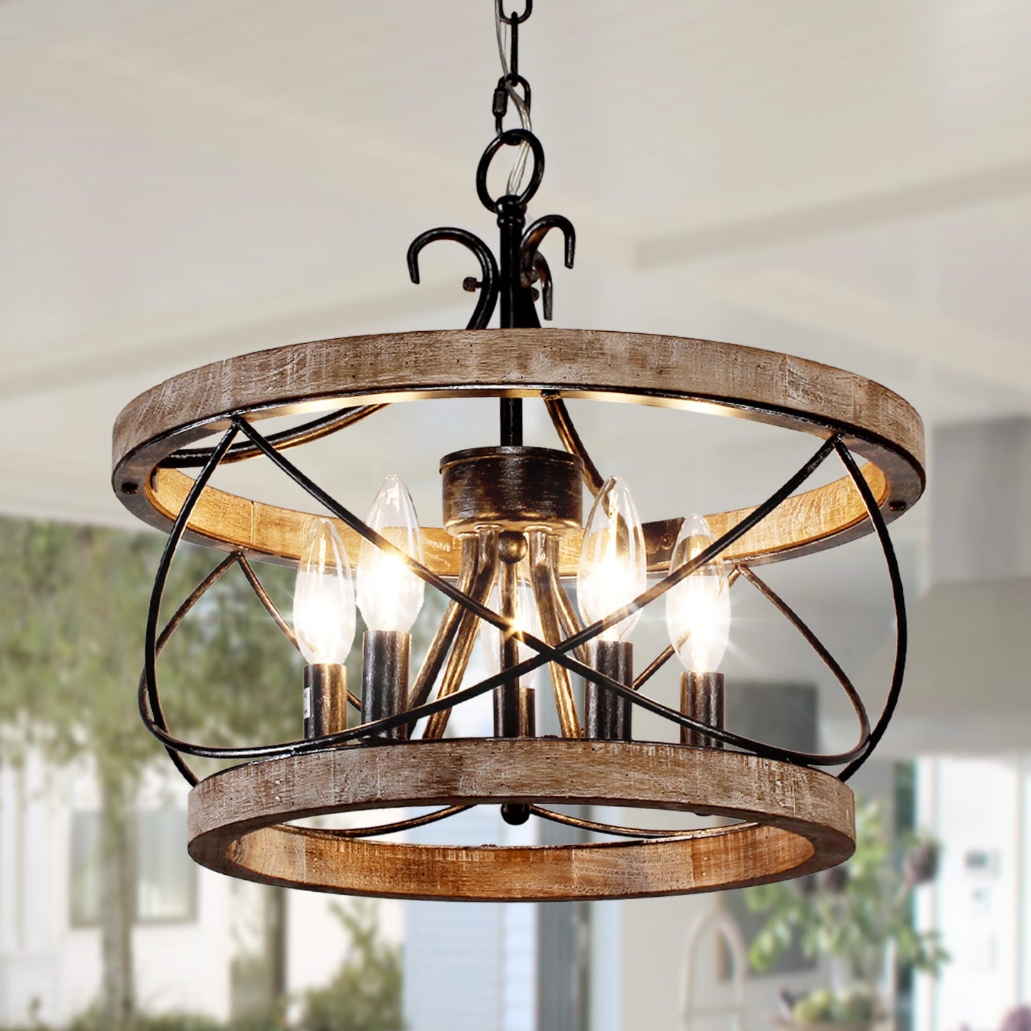 Lustre cage rustique en bois Bella Depot à 5 lumières, éclairage à intensité variable, suspension réglable de style ferme de 15,7 pouces pour îlot de cuisine