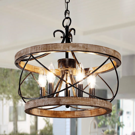 Lustre cage rustique en bois Bella Depot à 5 lumières, éclairage à intensité variable, suspension réglable de style ferme de 15,7 pouces pour îlot de cuisine