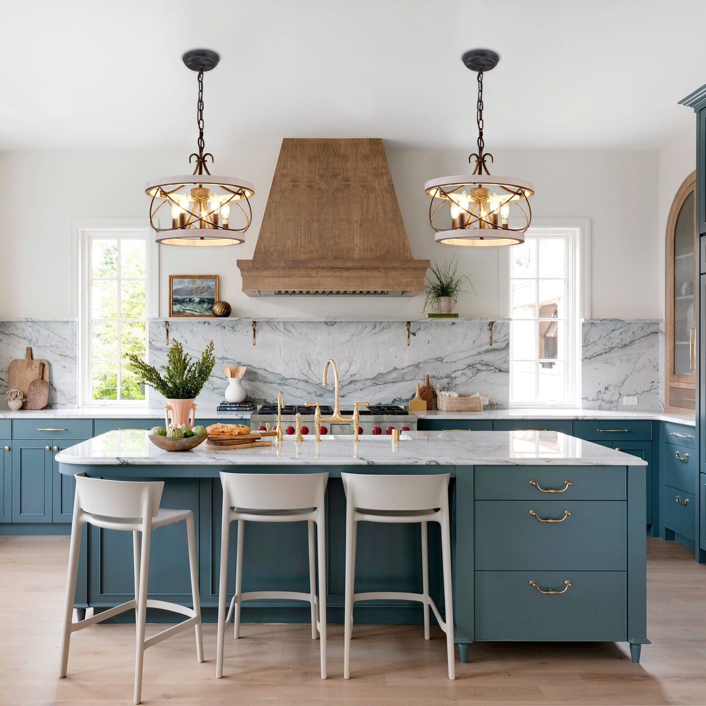 Lustre cage rustique en bois Bella Depot à 5 lumières, éclairage à intensité variable, suspension réglable de style ferme de 15,7 pouces pour îlot de cuisine