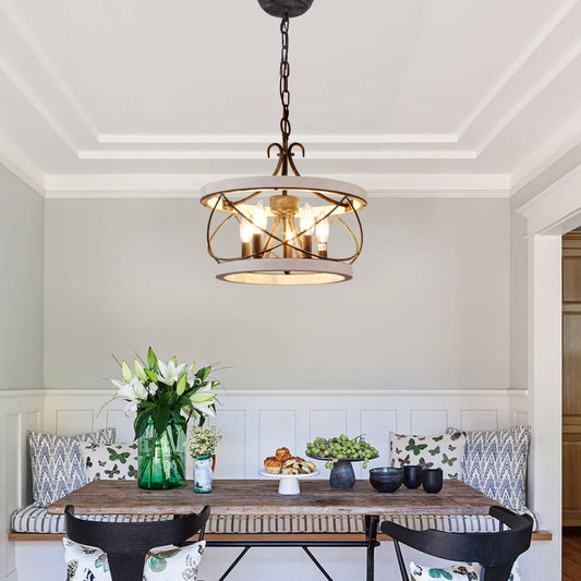 Lustre cage rustique en bois Bella Depot à 5 lumières, éclairage à intensité variable, suspension réglable de style ferme de 15,7 pouces pour îlot de cuisine