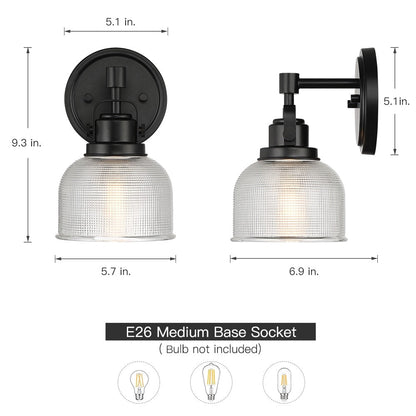 Applique murale de salle de bain noire avec abat-jour en verre prismatique transparent
