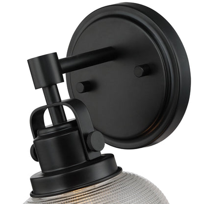 Applique murale de salle de bain noire avec abat-jour en verre prismatique transparent