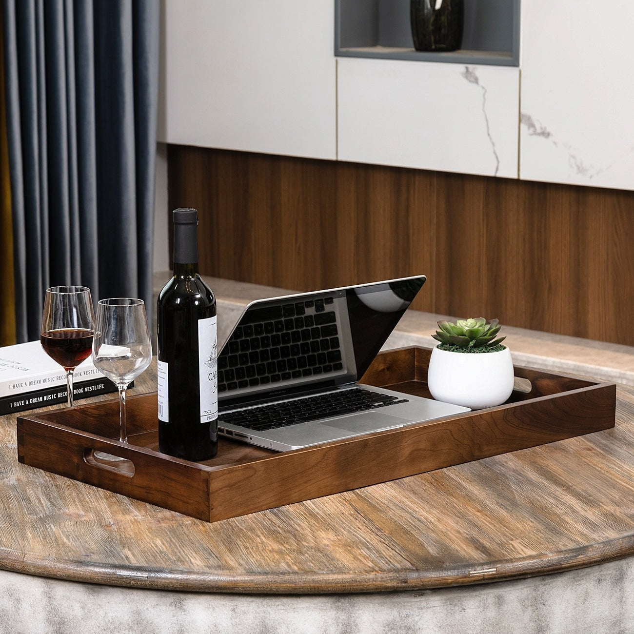 Plateau de service rectangulaire en bois de noyer noir KINWELL, plateau ottoman