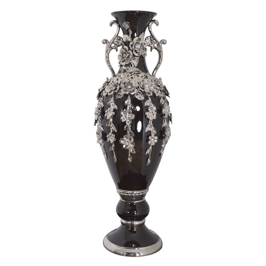 Superbe vase orné de bijoux en forme de fleuron noir et argent, 35 pouces de hauteur