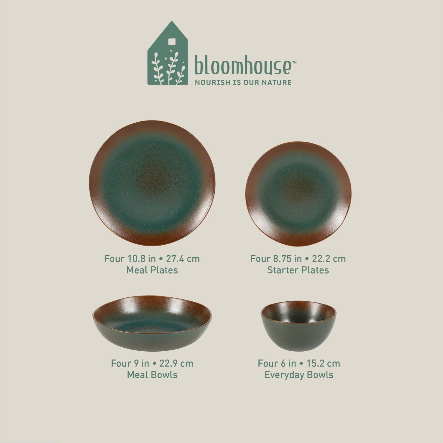 Bloomhouse Palermo Sun Service de table 16 pièces en grès émaillé réactif avec assiettes et bols doubles