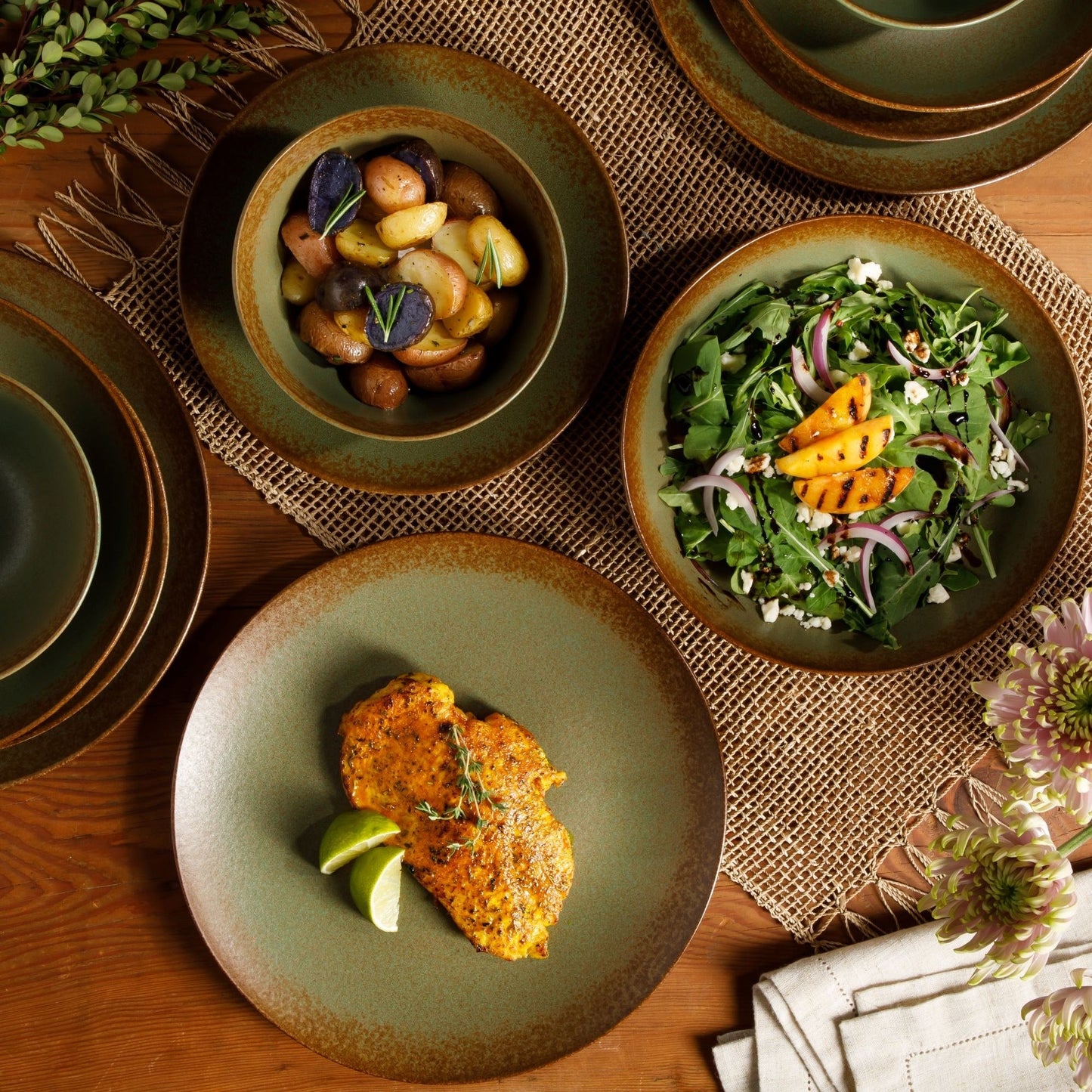 Bloomhouse Palermo Sun Service de table 16 pièces en grès émaillé réactif avec assiettes et bols doubles