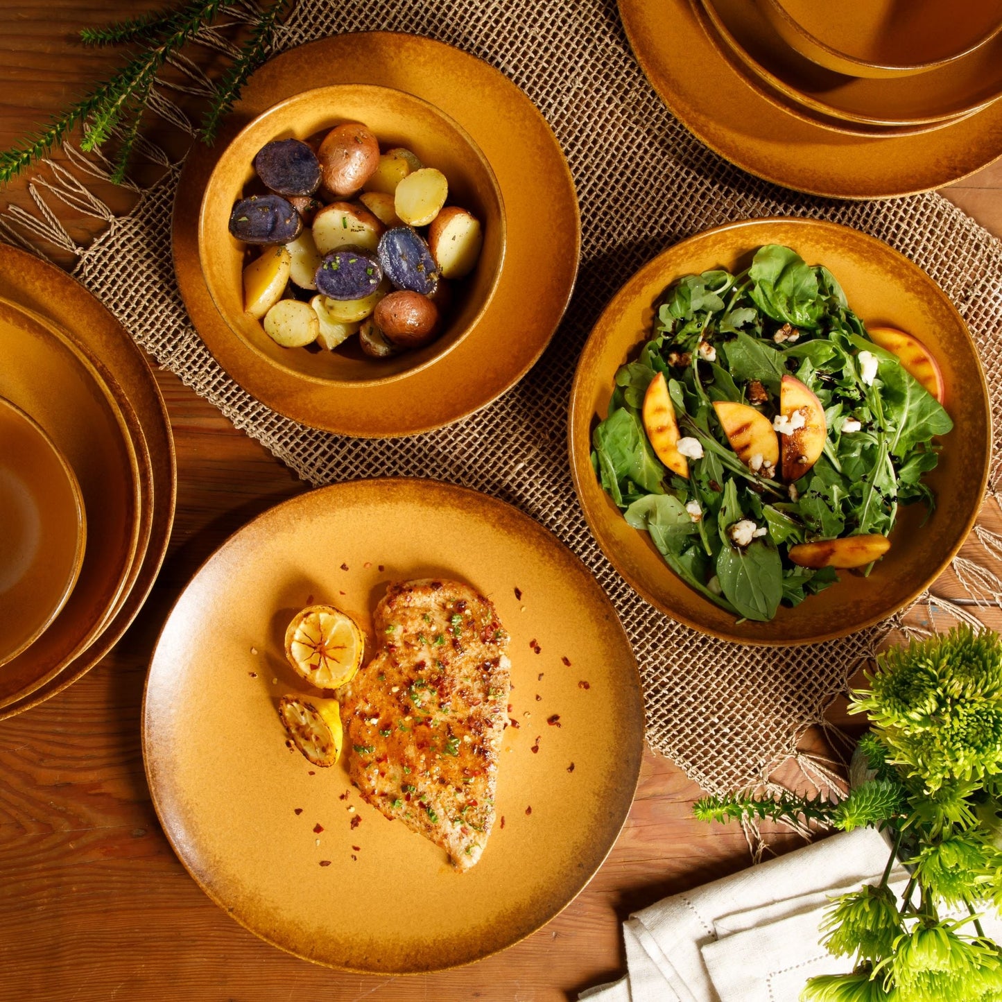 Bloomhouse Palermo Sun Service de table 16 pièces en grès émaillé réactif avec assiettes et bols doubles